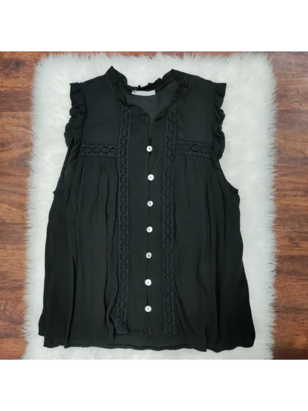 Made in Italy Whimsy Boho Black Lace MTrim Ruffle Button Up Sleeve Blouse - Picture 5 of 10